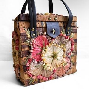 Vintage MCM Boho Woven Box Wooden Purse Floral Raffian Rattan Philippines Sewing